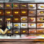Illustrated ginger cat in front of apothecary drawers